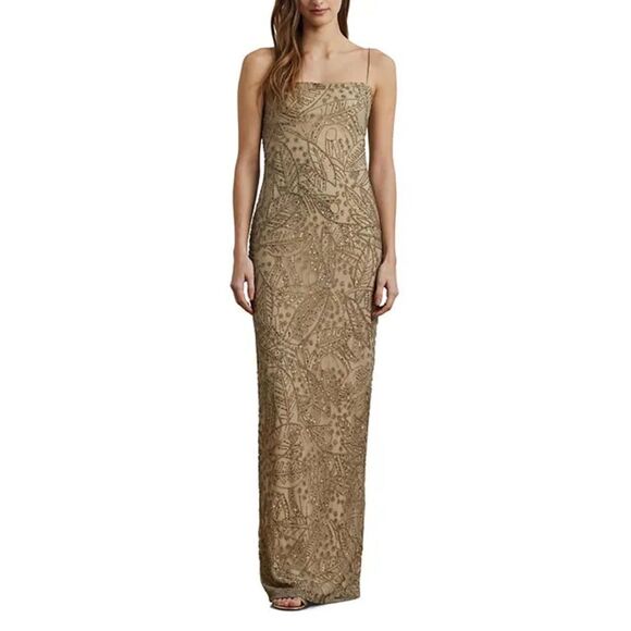 Lauren Ralph Lauren Beaded Leaf Print Gown Dress NWT Size 14 Grey Beige